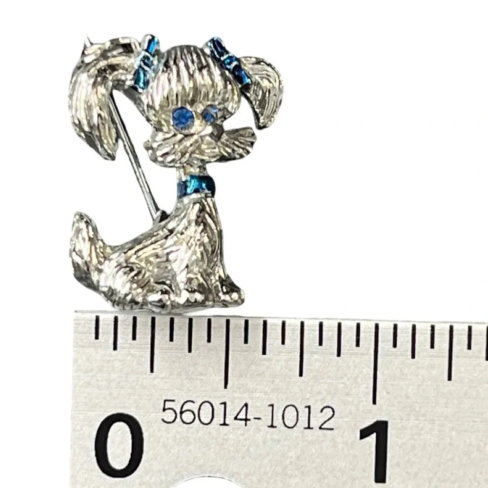 Vintage Gerry's Yorkie Dog BroochSilver‎ Tone Blue Rhinestones EnamelPuppy Pin